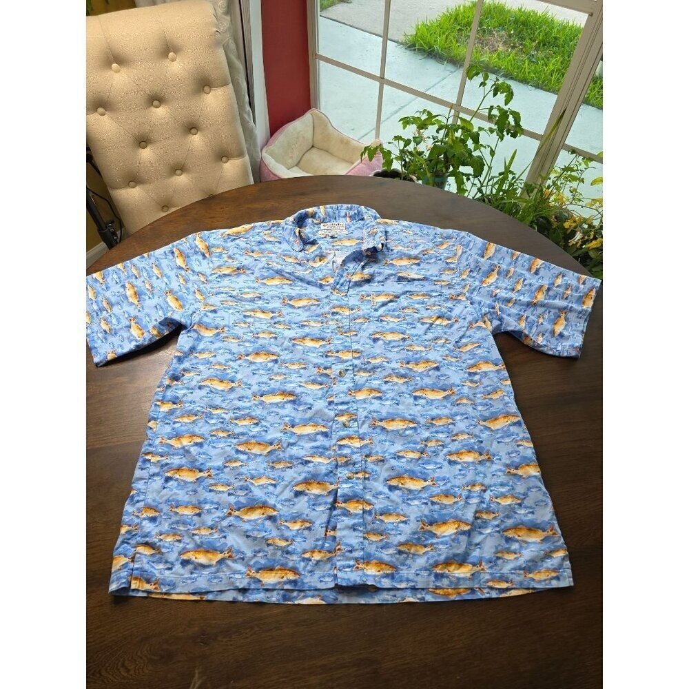 Vtg Columbia Men's XL Fish Print Short Sleeve Camping Shirt Gray Rayon Cotton